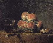 Jean Baptiste Simeon Chardin Baskets of peaches with wine walnut knife oil